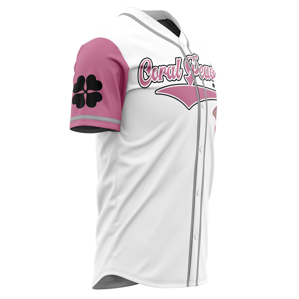 Coral Peacocks Anime-Inspired Baseball Jersey - Stylish White &amp; Pink Design, Perfect For Fans!
