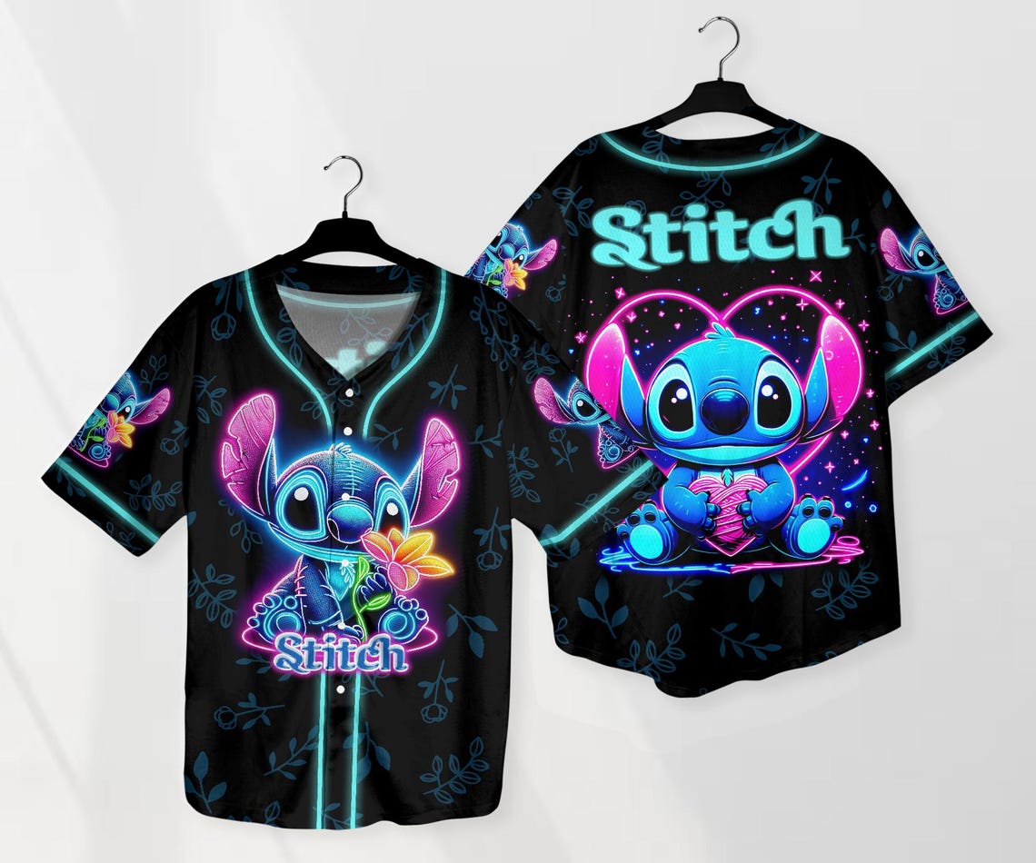 Vibrant Stitch Baseball Jersey Shirt - Cute Alien Design, Unisex Casual Wear